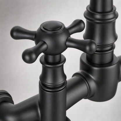 Farmhouse Two Handle 4-Hole Bridge Kitchen Faucet with Side Sprayer, Matte Black