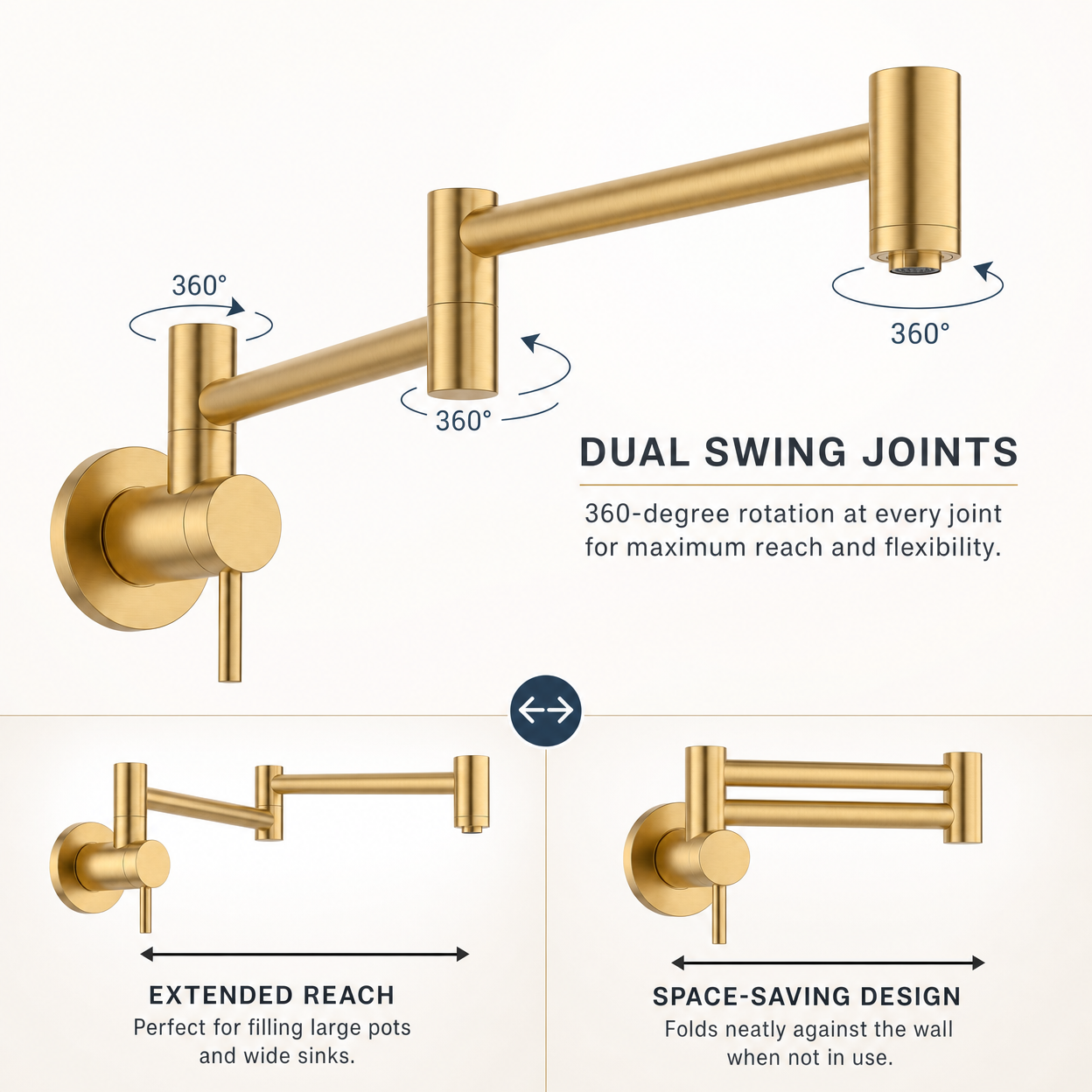 Wall-Mount Dual Joint Folding Pot Filler Faucet, Brushed Gold
