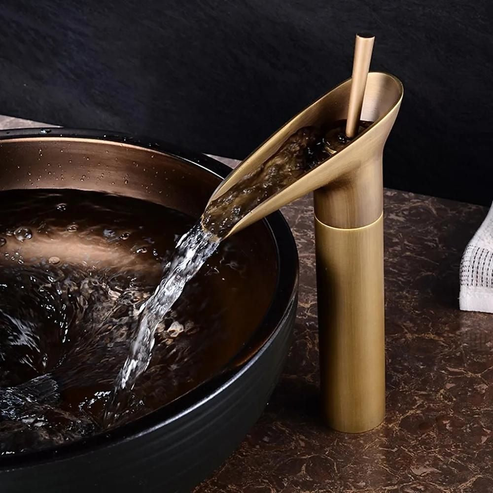 Waterfall Vessel Bathroom Faucet, Single-Handle Brass Faucet, Antique Brass / Matte Black / Chrome