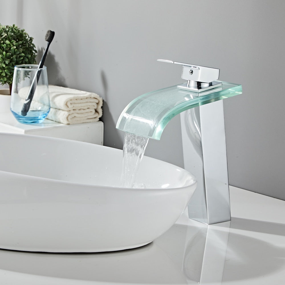 Waterfall Glass Spout Bathroom Faucet, Single-Handle Single-Hole Faucet, Brushed Gold / Chrome / Matte Black / Brushed Nickel