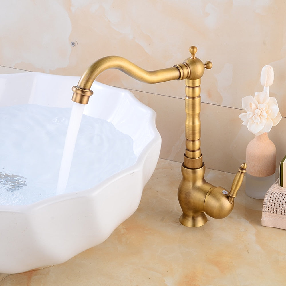 Retro Single-Hole Bathroom Vessel Sink Faucet, Single-Handle Brass Swivel Faucet, Antique Brass / Chrome / Polished Gold