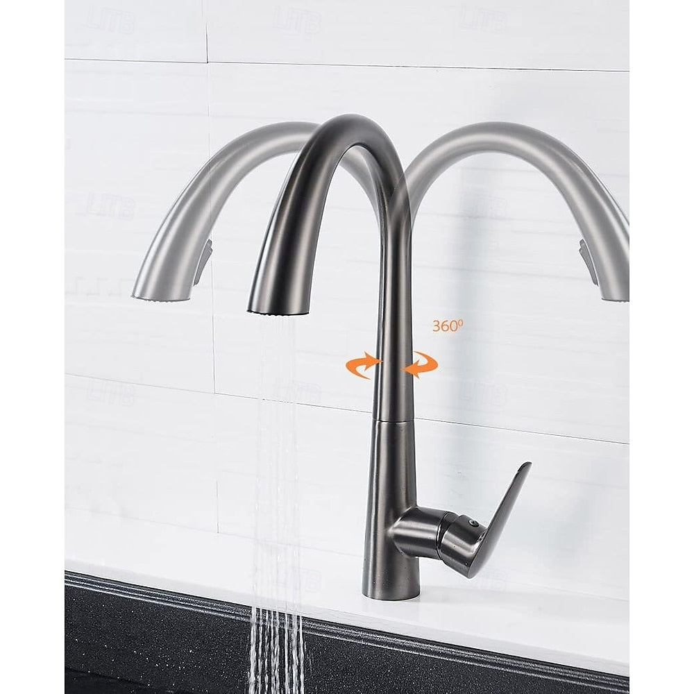 Pull-Down Kitchen Faucet, High Arc Single-Handle Brass Sink Faucet, Gunmetal / Matte White / Matte Black / Brushed Nickel