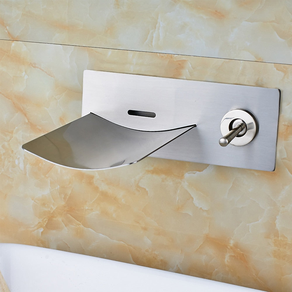 LED Waterfall Brushed Nickel Bathroom Sink Faucet, Modern Wall-Mount Single-Handle Faucet