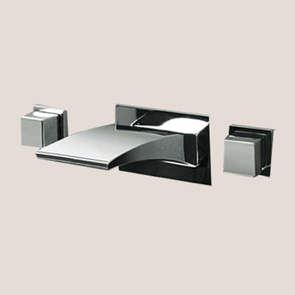 LED Chrome Waterfall Bathroom Faucet, Modern Wall-Mount 3-Hole Dual-Handle Faucet