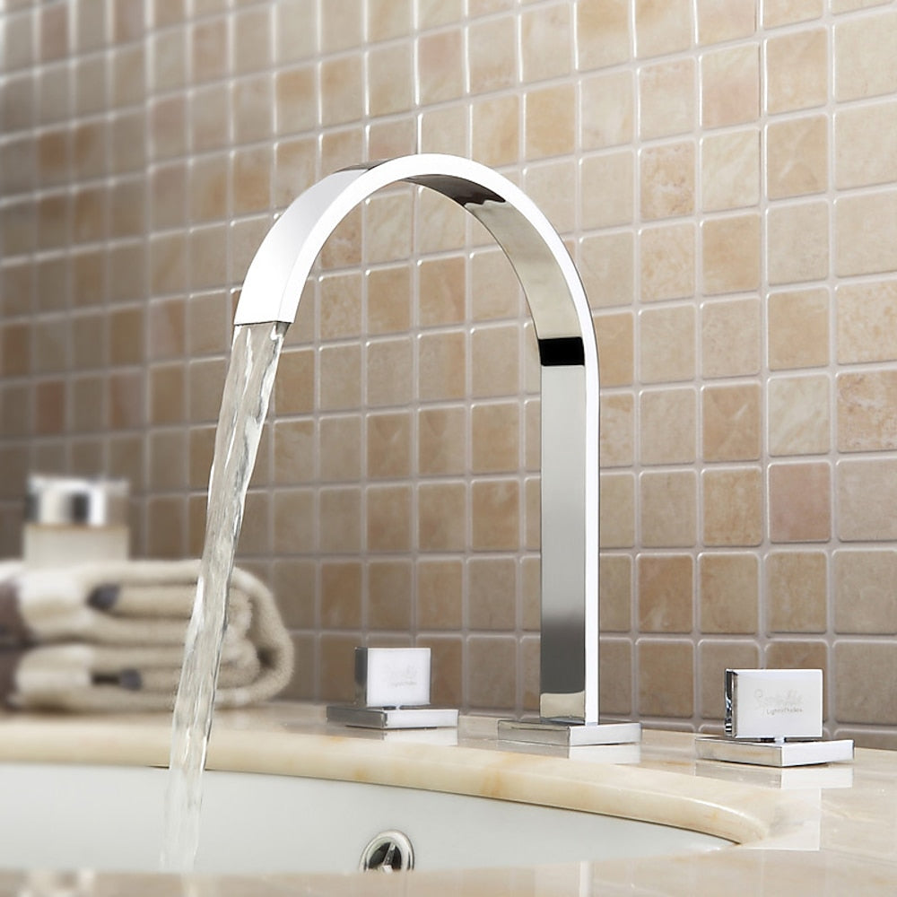 Chrome Waterfall Widespread Bathroom Faucet, Contemporary 3-Hole Double-Handle Faucet with High Arc Swivel Spout
