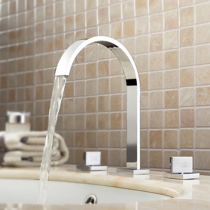 Chrome Waterfall Widespread Bathroom Faucet, Contemporary 3-Hole Double-Handle Faucet with High Arc Swivel Spout