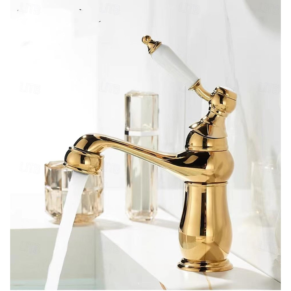Traditional Single-Hole Bathroom Faucet, Single-Handle Faucet with Ceramic Lever Handle, Antique Brass / Chrome / Rose Gold / Polished Gold