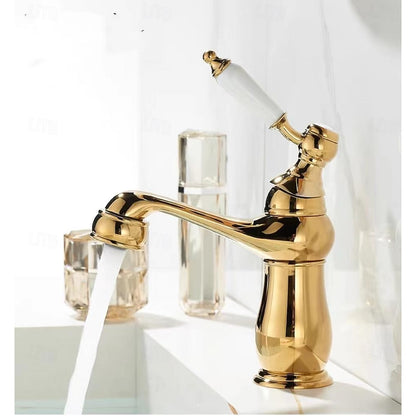 Traditional Single-Hole Bathroom Faucet, Single-Handle Faucet with Ceramic Lever Handle, Antique Brass / Chrome / Rose Gold / Polished Gold
