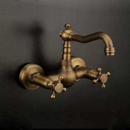 Antique Brass Wall-Mount Bathroom Faucet, Double Cross Handle Swivel Spout Faucet