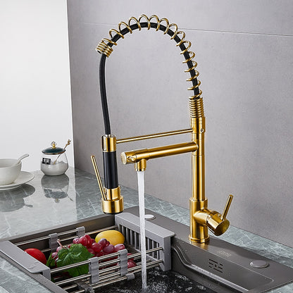 Two-Tone Black Gold Modern Pre-Rinse Kitchen Faucet, Single-Hole Brass Pull-Down Faucet