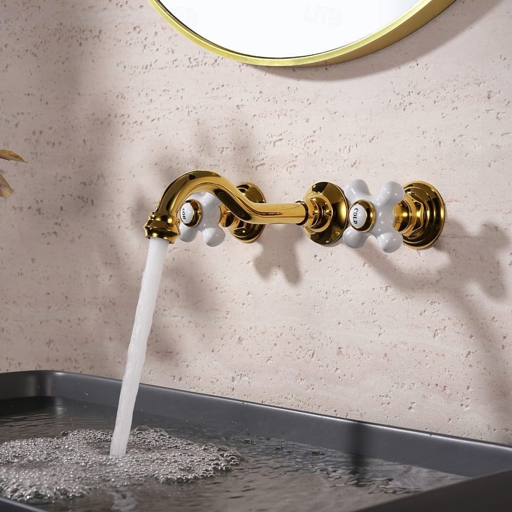 Vintage Wall-Mount Bathroom Faucet, Dual Cross Handle Brass Faucet, Polished Gold / Chrome