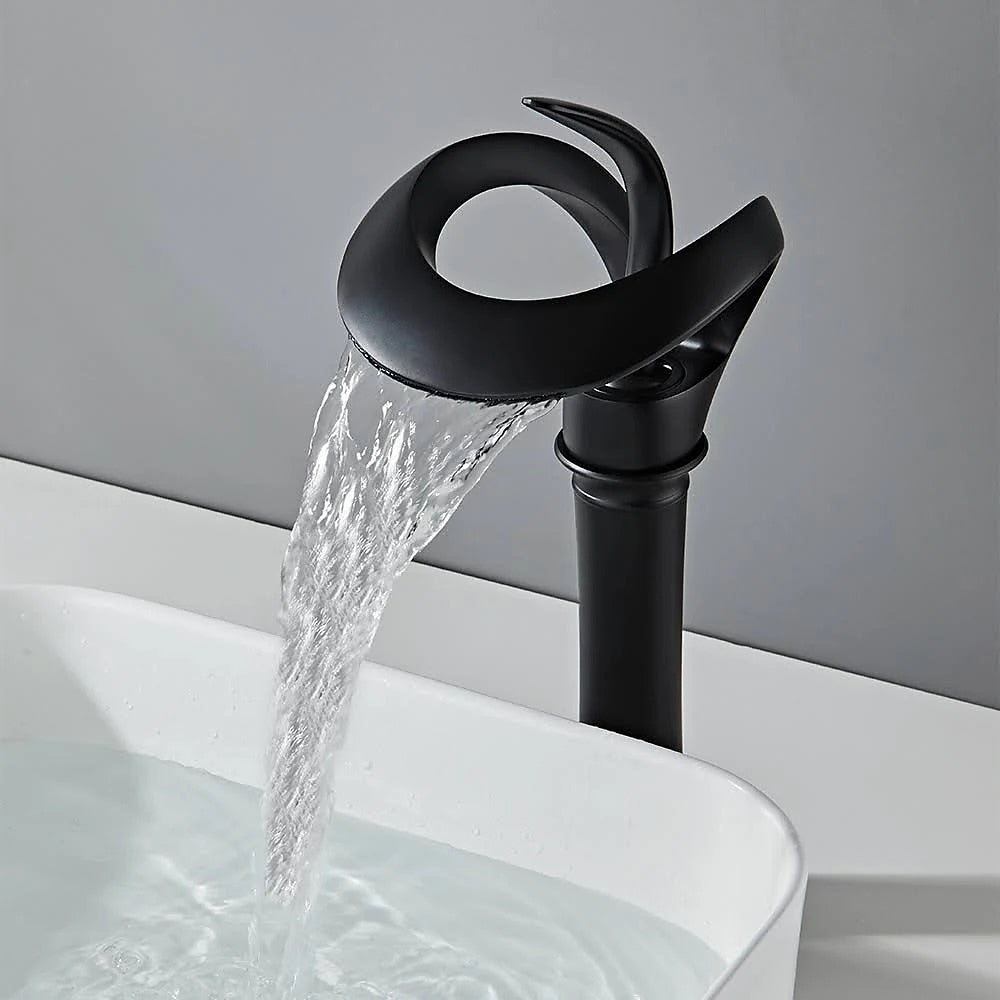 Waterfall Single-Hole Bathroom Faucet, Single-Handle Brass Vessel Sink Faucet, Matte Black / Chrome / Brushed Gold / Matte White / Gunmetal