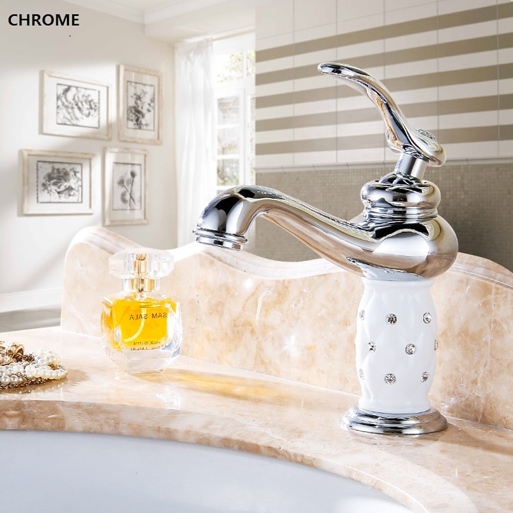 Vintage Rhinestone Ceramic Bathroom Faucet, Single-Hole Single-Handle Brass Faucet, Chrome / Polished Gold