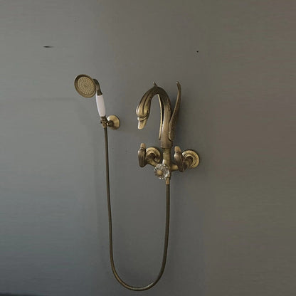Vintage Swan-Shaped Brass Tub Filler Faucet, Wall-Mount Dual-Handle Bathtub Faucet with Handheld Shower, Antique Brass / Matte Black / Chrome / PVD