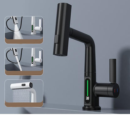 LED Digital Display Waterfall Bathroom Faucet, Single-Handle Pull-Out Faucet, Chrome / Gunmetal / Matte Black / Matte White