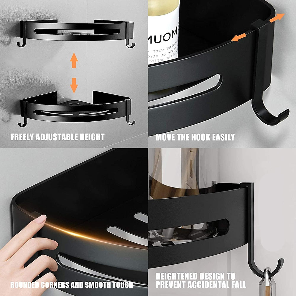 Modern Space Aluminum Wall-Mount Corner Shower Shelf, Triangle Single-Layer Shower Caddy with Hooks, Matte Black / Stainless Steel