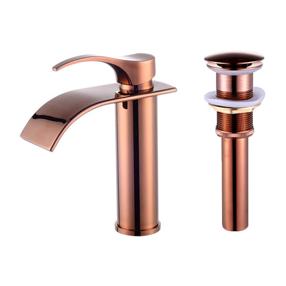 Rose Gold Modern Single-Hole Bathroom Faucet, Single-Handle Waterfall Spout Faucet with Pop-Up Drain
