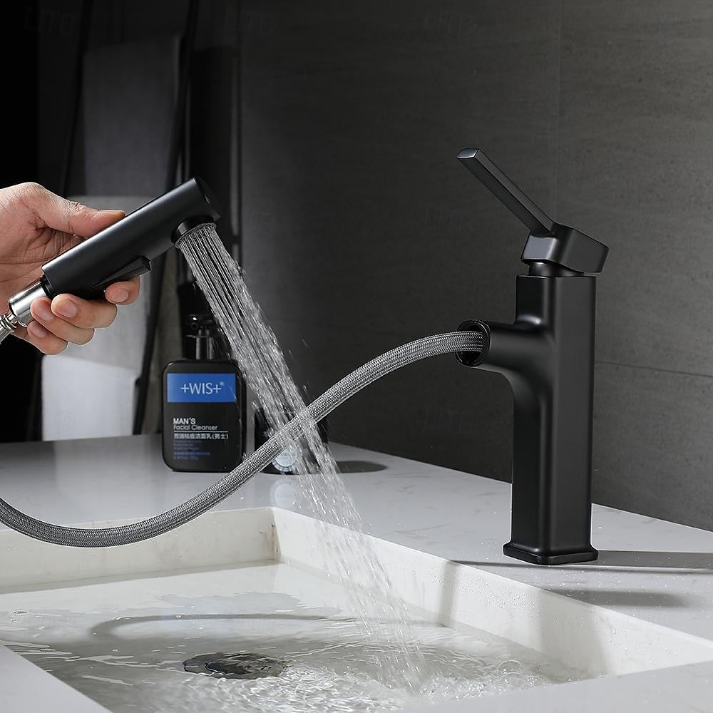 Modern Pull-Out Single-Hole Bathroom Faucet, Single-Handle Basin Faucet, Chrome / Matte Black / Brushed Gold / Gunmetal