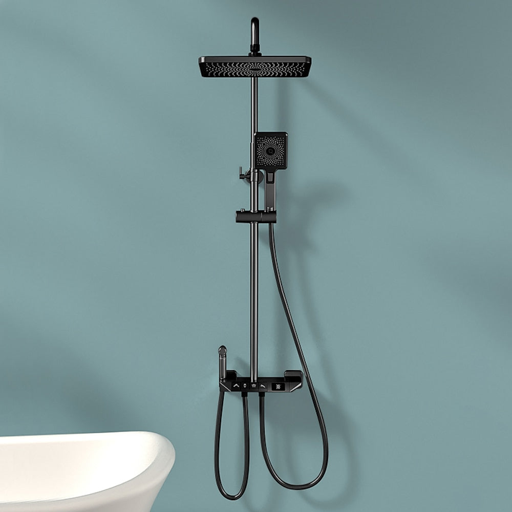 Digital Display Waterfall Rainfall Brass Shower Faucet Set, Wall-Mounted Complete Tub & Shower System, Matte Black / Matte White / Gunmetal