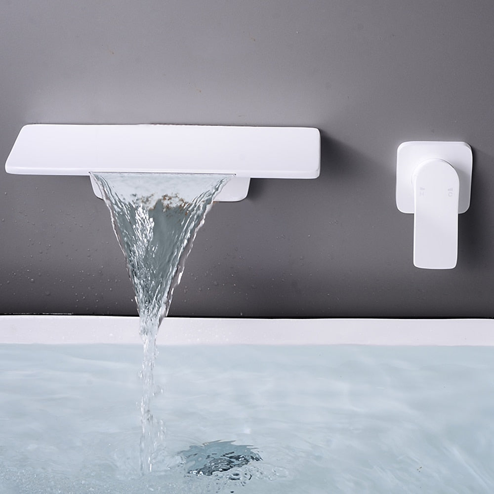 Waterfall Wall-Mount Bathroom Faucet, Single-Handle Brass Sink Faucet, Matte Black / Matte White