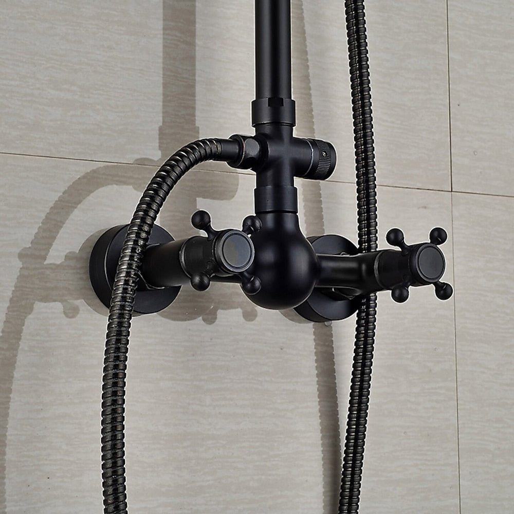 Oil-Rubbed Bronze Antique Rainfall Shower System, Wall-Mounted Brass Dual-Handle Shower Faucet with Handheld Shower