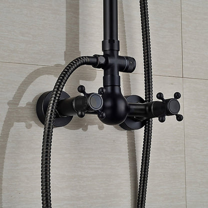Oil-Rubbed Bronze Antique Rainfall Shower System, Wall-Mounted Brass Dual-Handle Shower Faucet with Handheld Shower