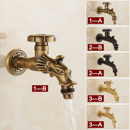 Retro Dragon Design Wall-Mount Outdoor Faucet, Single-Handle Brass Faucet, Antique Brass / Matte Black / Brushed Gold