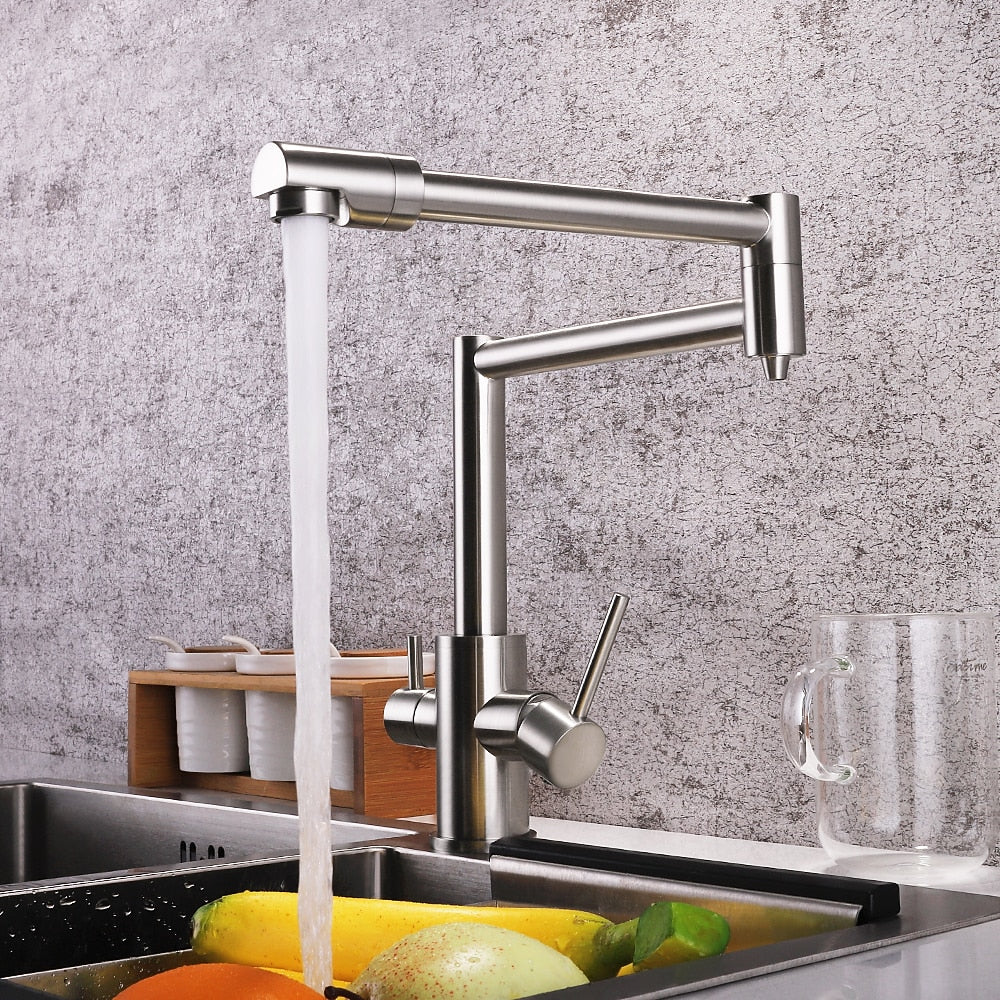 Foldable Dual-Joint Pot Filler Kitchen Faucet, Deck-Mount Single-Hole Two-Handle Faucet, Matte Black / Brushed Nickel