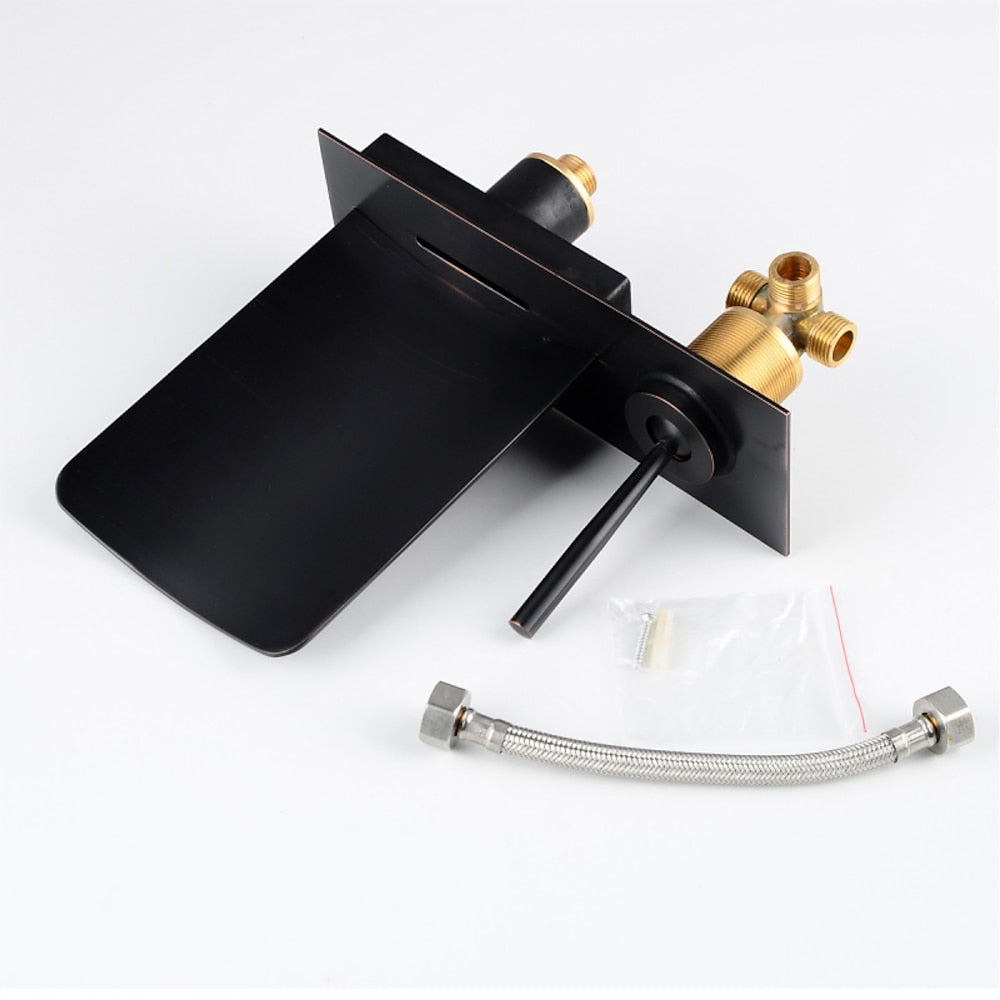 LED Waterfall Bathroom Faucet, Wall-Mount Single-Handle Brass Faucet, Brushed Gold / Matte Black / Oil-Rubbed Bronze