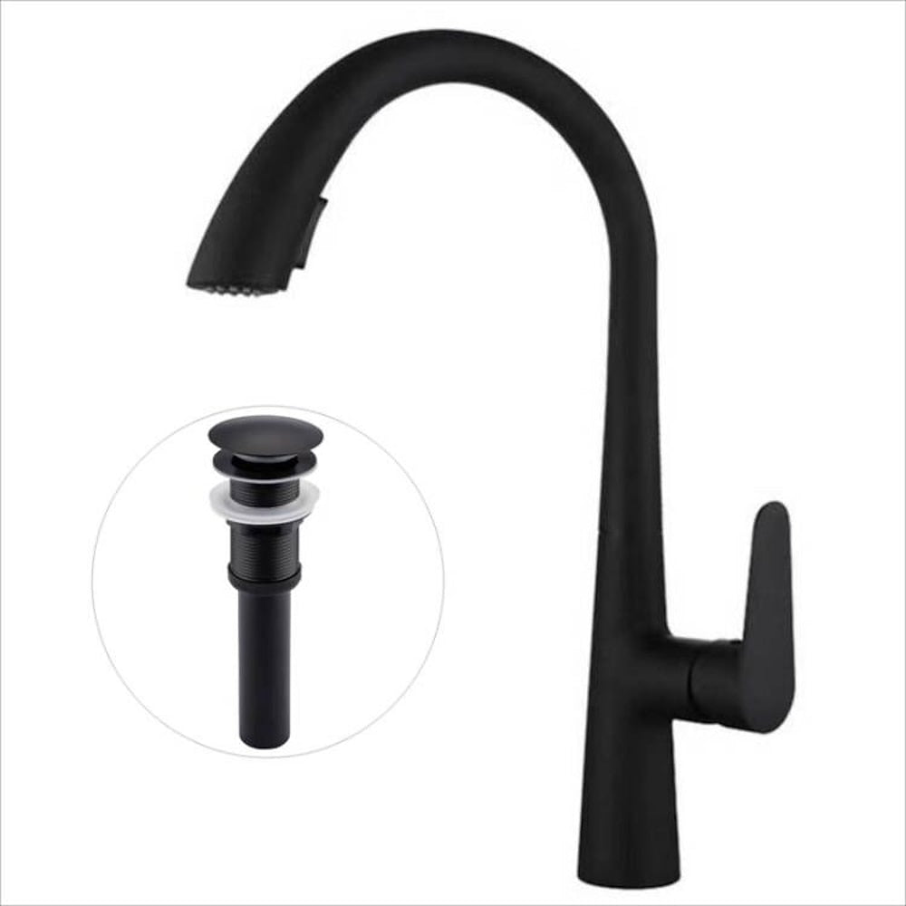Pull-Down High-Arc Kitchen Faucet with Pop-Up Drain, Single-Handle Modern Faucet, Gunmetal / Matte Black / Chrome