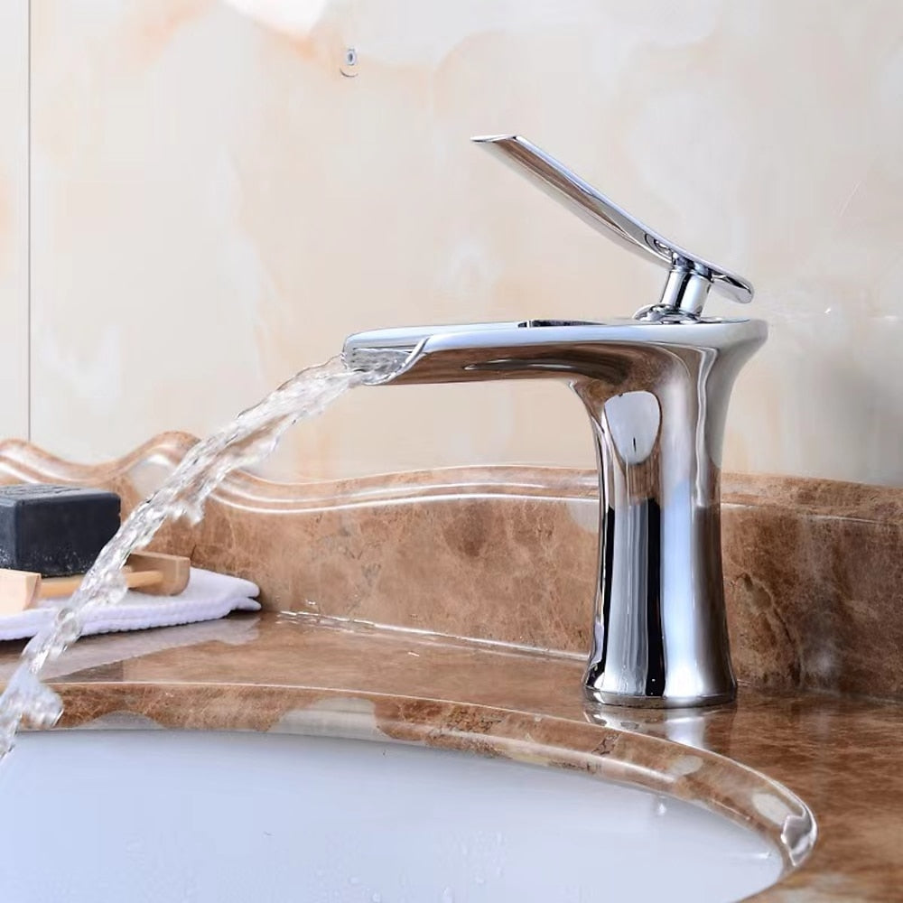Waterfall Bathroom Sink Faucet, Single-Handle Brass Faucet