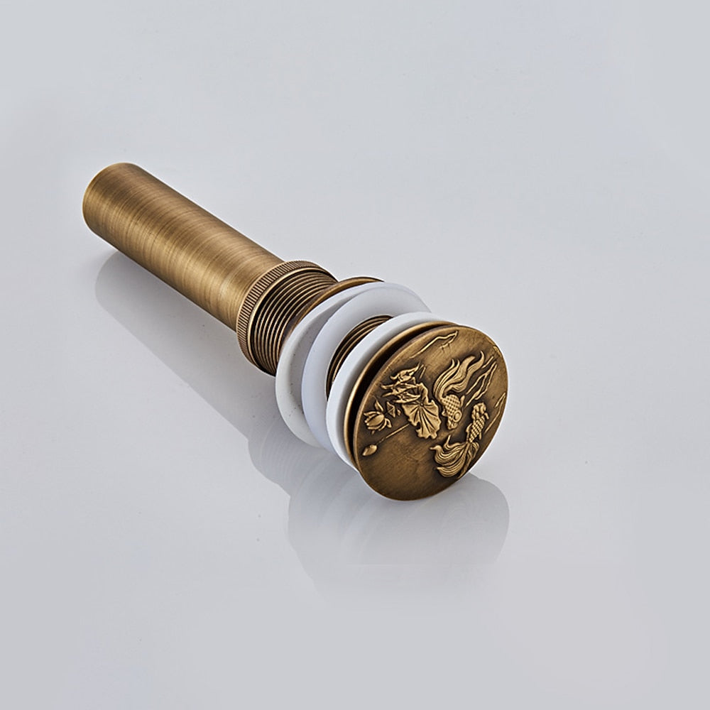 Antique Brass Engraved Bathroom Sink Pop-Up Drain, Solid Brass Vanity Basin Drain Assembly, With / Without Overflow