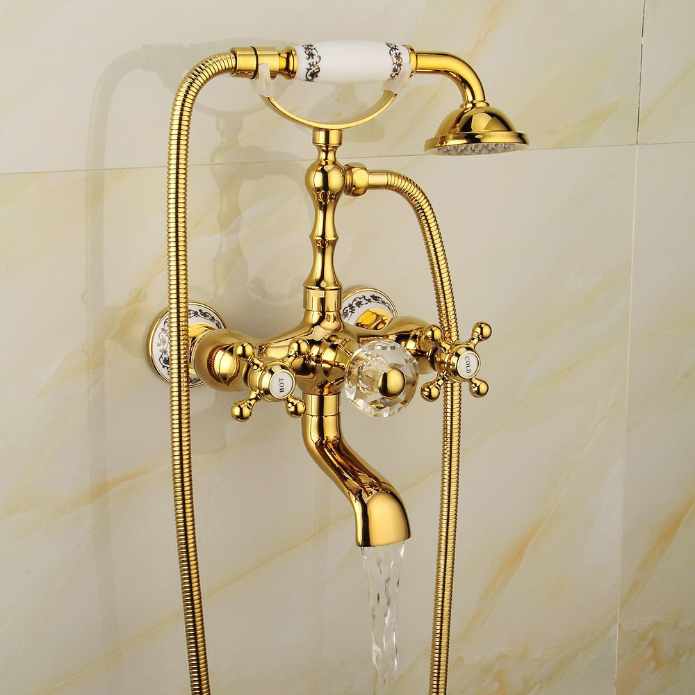 Polished Gold Wall-Mount Tub Filler Faucet, Telephone Dual-Handle Bathtub Faucet with Handheld Shower
