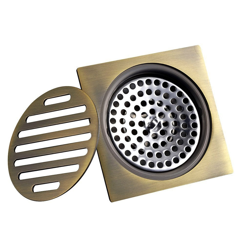Rainfall Antique Brass Shower Faucet, Wall-Mount Single-Handle Shower System with Rough-In Valve / Floor Drain