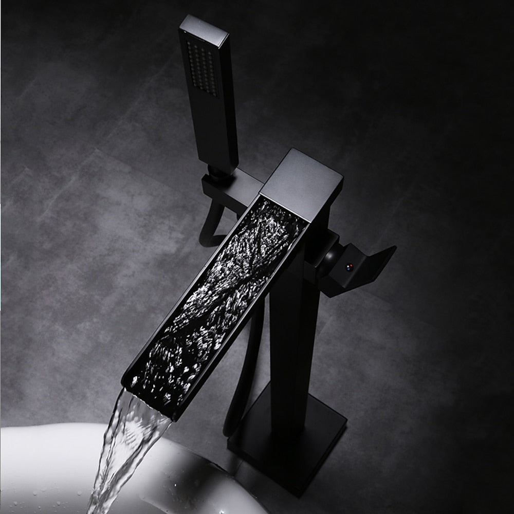 Modern Waterfall Freestanding Tub Filler, Single-Handle Tub Faucet with Handheld Shower
