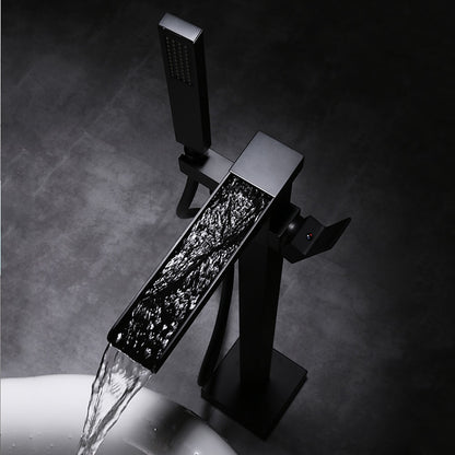 Modern Waterfall Freestanding Tub Filler, Single-Handle Tub Faucet with Handheld Shower