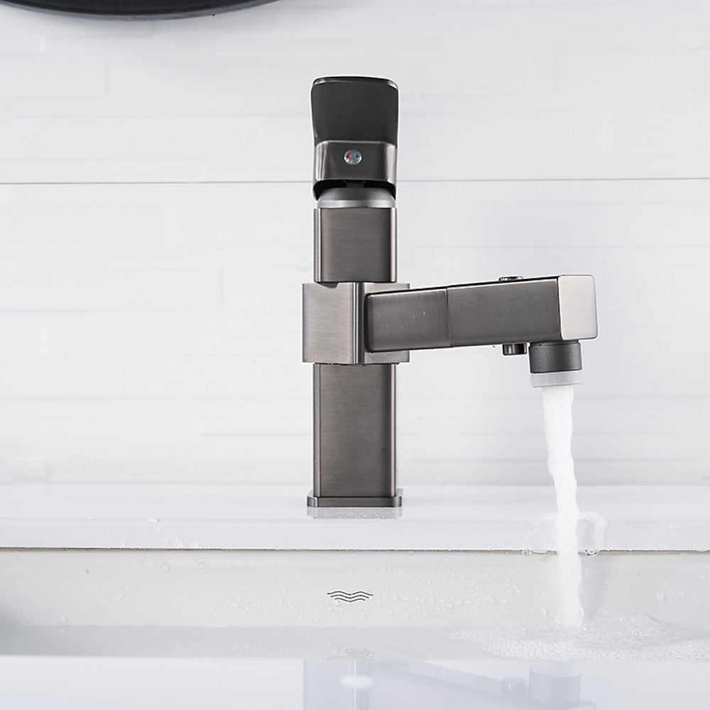 Modern Pull-Out Bathroom Faucet, Single-Hole Swivel Spout Faucet, Matte Black / Chrome / Brushed Nickel / Gunmetal / Matte White