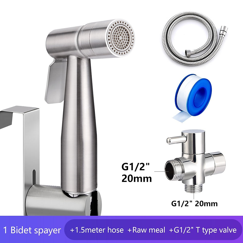 Stainless Steel Handheld Bidet Sprayer, Dual Spray Mode Shattaf Toilet Sprayer with T-Valve, Hose, Holder