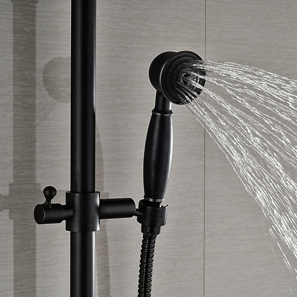 Oil-Rubbed Bronze Antique Rainfall Shower System, Wall-Mounted Brass Dual-Handle Shower Faucet with Handheld Shower