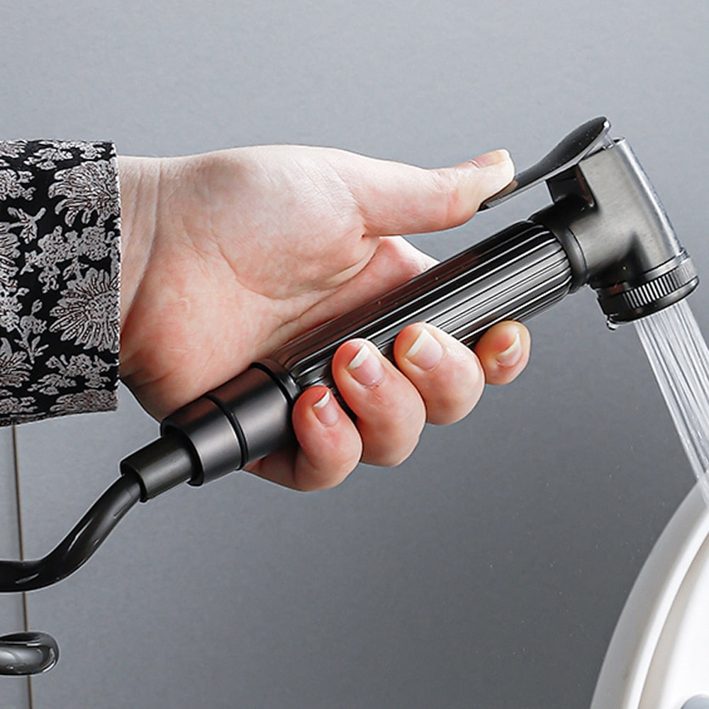 Dual-Handle Wall-Mount Bidet Sprayer, Solid Brass Shattaf Sprayer, Gray / Black / Silver