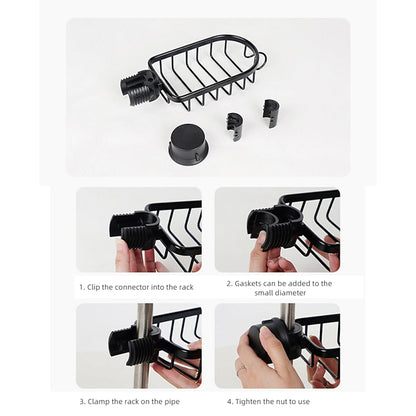 Modern Aluminum Faucet Storage Rack, Clamp-On Sink Caddy Organizer with Integrated Hooks, Black / Silver
