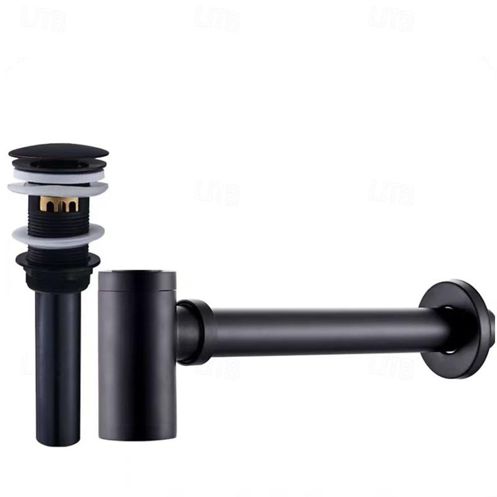 Contemporary Brass Pop-Up Sink Drain with Overflow, Wall-Mounted Bottle P-Trap Waste Assembly, Antique Brass / Chrome / Matte Black / Brushed Brass / Polished Gold