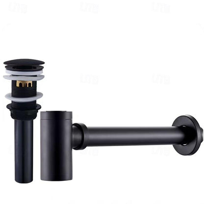 Contemporary Brass Pop-Up Sink Drain with Overflow, Wall-Mounted Bottle P-Trap Waste Assembly, Antique Brass / Chrome / Matte Black / Brushed Brass / Polished Gold
