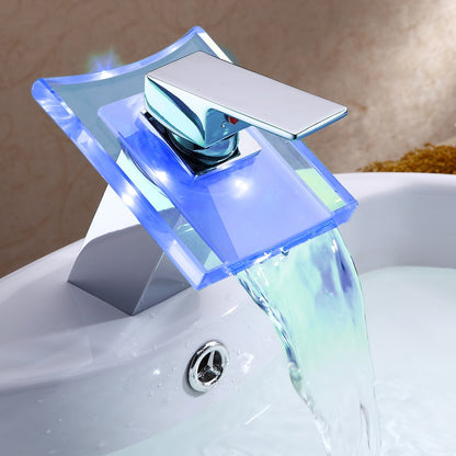 LED Waterfall Chrome Bathroom Faucet, Single-Hole Single-Handle Brass Faucet