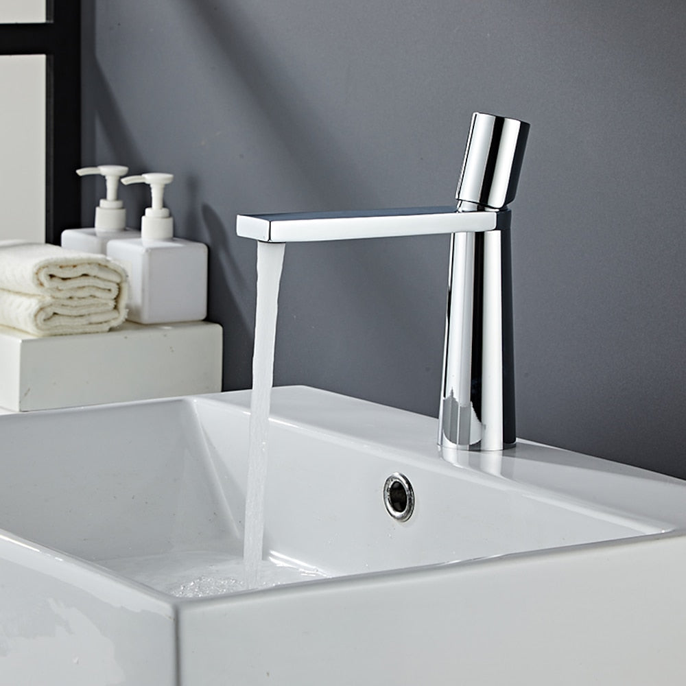 Modern Single-Hole Single-Handle Bathroom Faucet, Brass Flat Spout Basin Faucet, Matte Black / Brushed Gold / Matte White / Chrome / Gunmetal