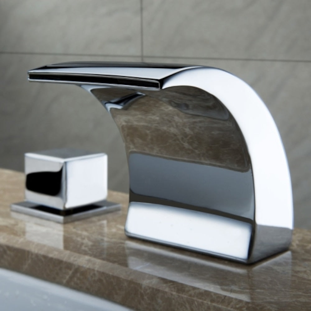 LED Waterfall Bathroom Faucet, Widespread Double-Handle Brass Faucet, Matte Black / Brushed Nickel / Chrome