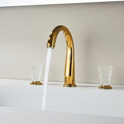 Polished Gold Modern Widespread Bathroom Faucet, High Arc Faucet with Crystal Knob Handles
