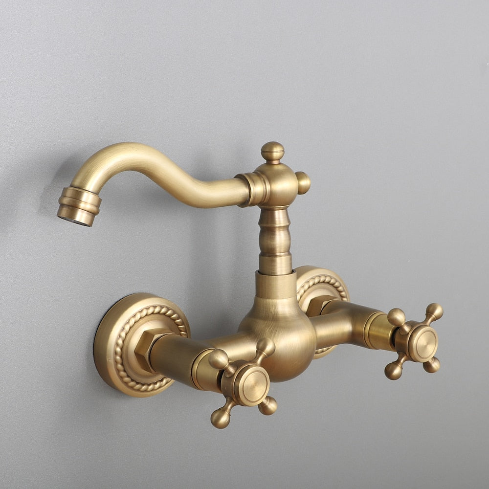 Retro Antique Brass Wall-Mount Bathroom Faucet, Double Cross Handle Swivel Spout Faucet