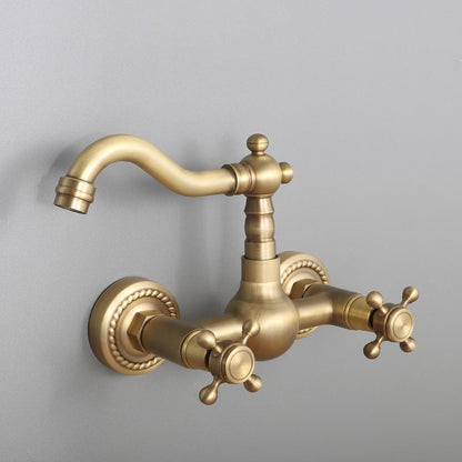 Retro Antique Brass Wall-Mount Bathroom Faucet, Double Cross Handle Swivel Spout Faucet