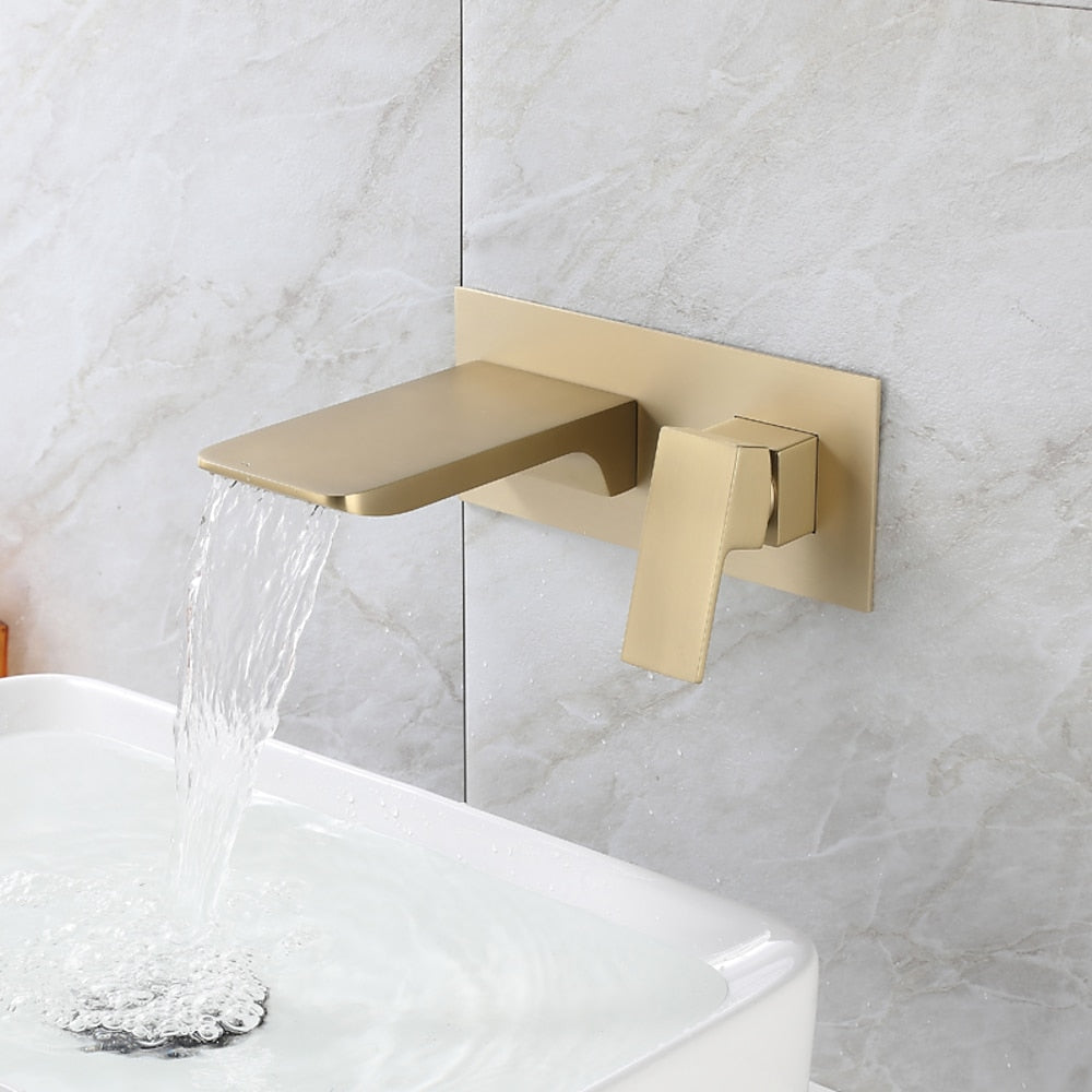 Waterfall Wall-Mount Bathroom Faucet, Single-Handle Brass Faucet, Brushed Gold / Matte Black / Chrome